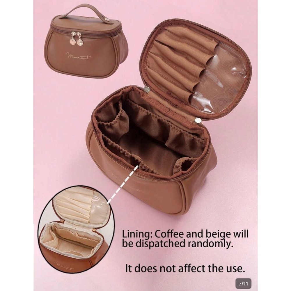Miao Miao Cat Brown Vegan Leather Makeup‎ Bag Travel Cosmetic Organizer Case